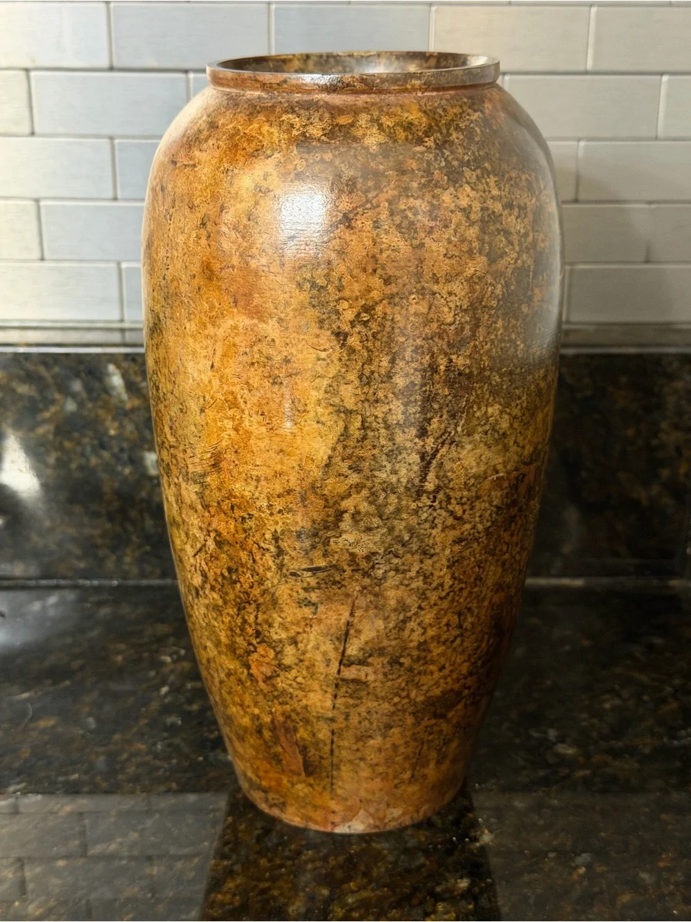 Vintage Patinated Metal Vase Urn Mottled Bronze Gold Finish